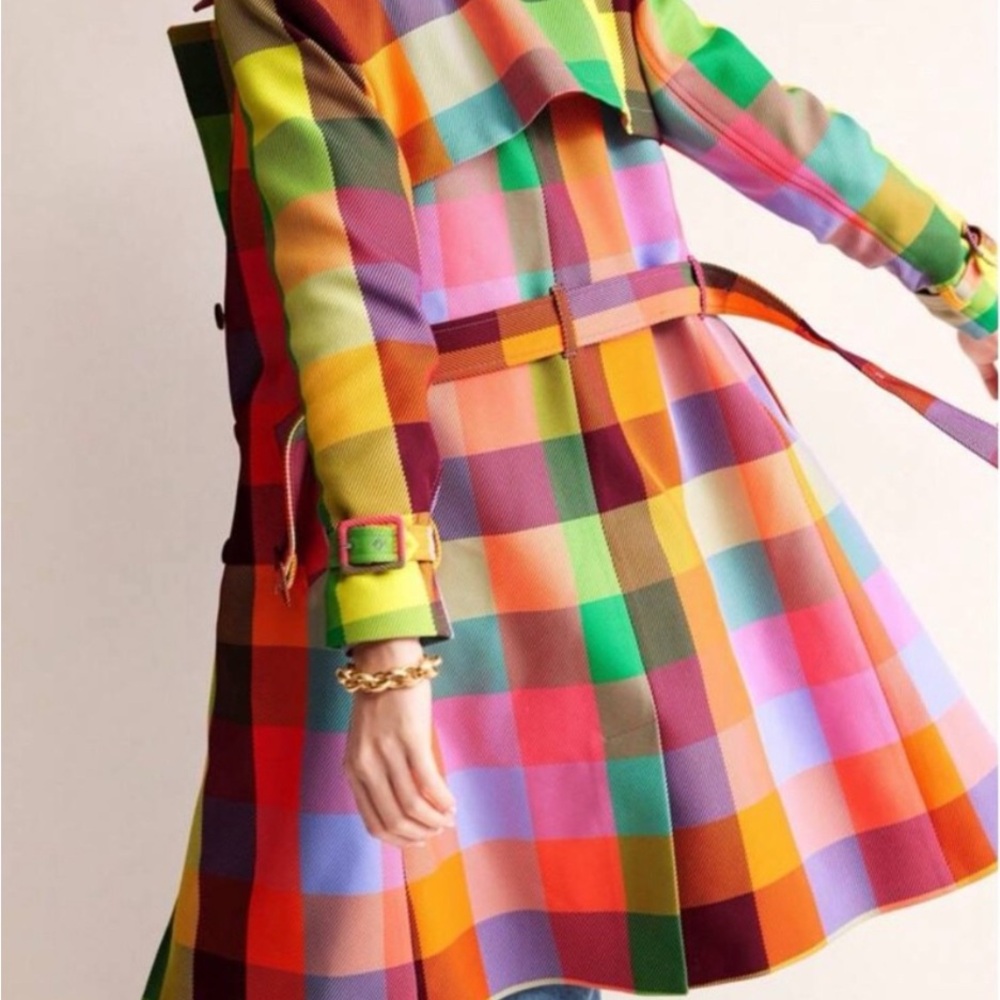 Viral Rainbow Plaid Double Breasted Belted Trench Rain Coat Fully Lined M